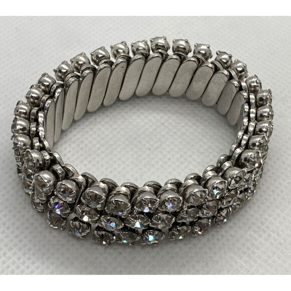 Vintage Clear Rhinestone Accordion Stretch Silver Tone Bracelet 50s 60s Sparkly - Picture 3 of 9